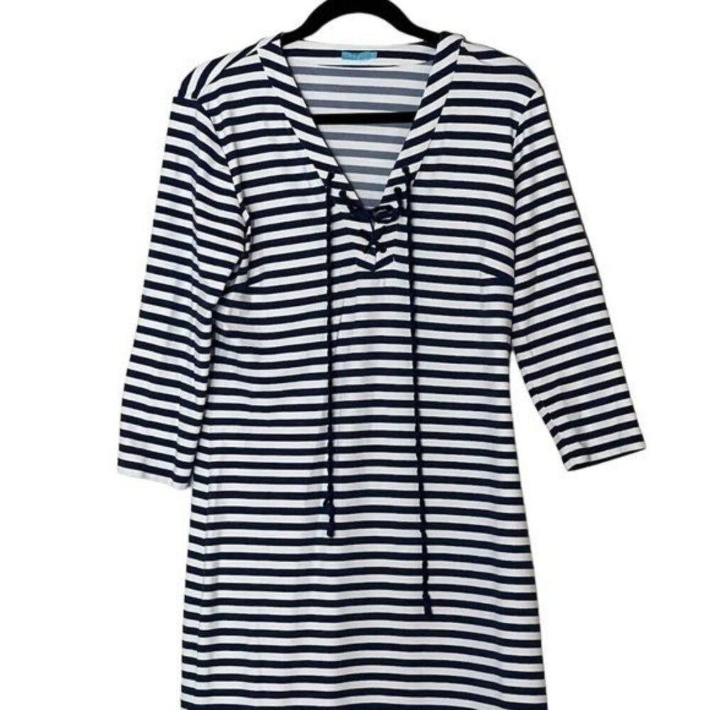 J. McLaughlin Striped Navy White V-Neck Dress Women's Size Medium Excellent very